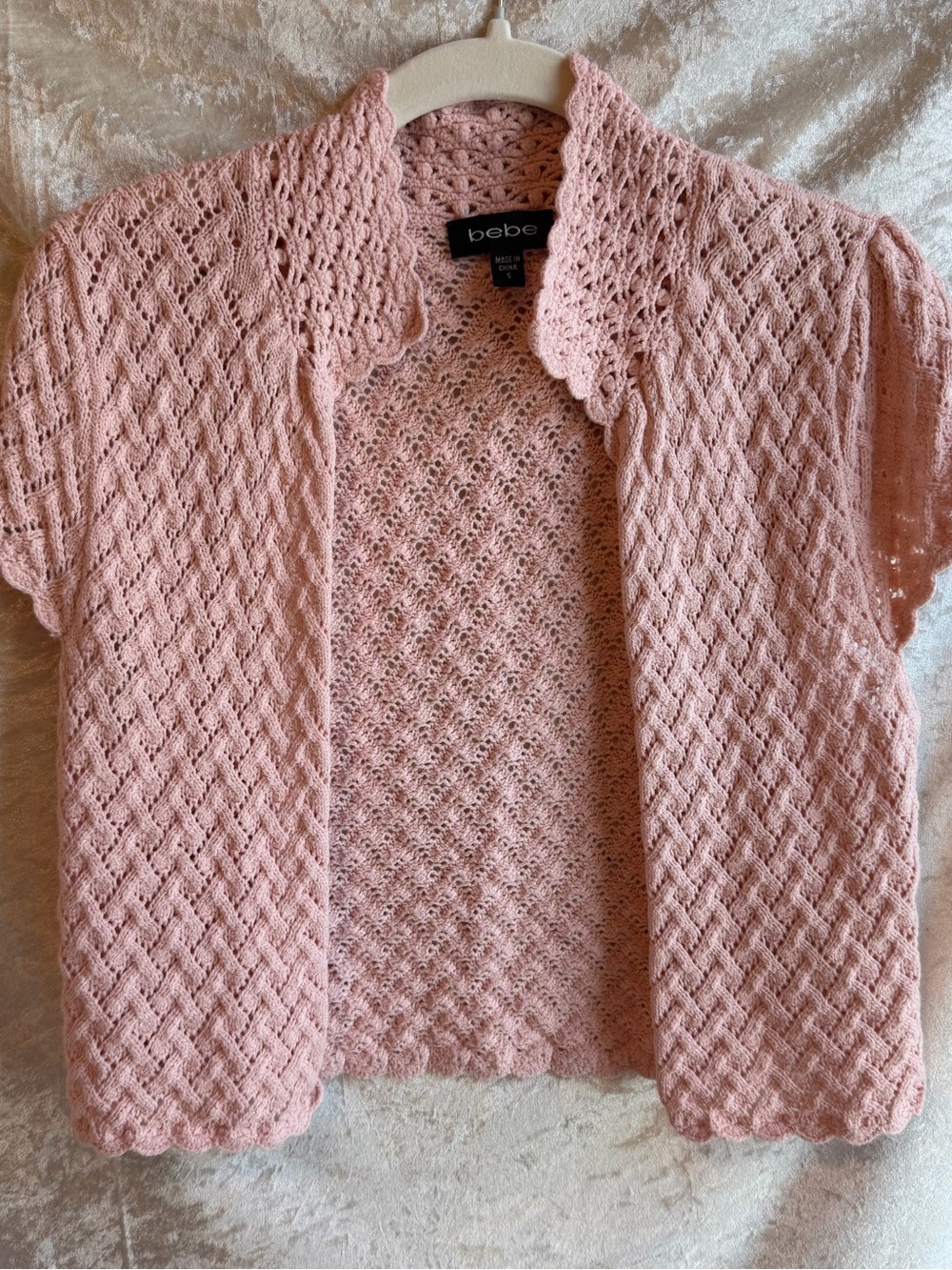Bebe Pink Lemonade Crochet Knit Open Front Cardigan Size S - Picture 3 of 5